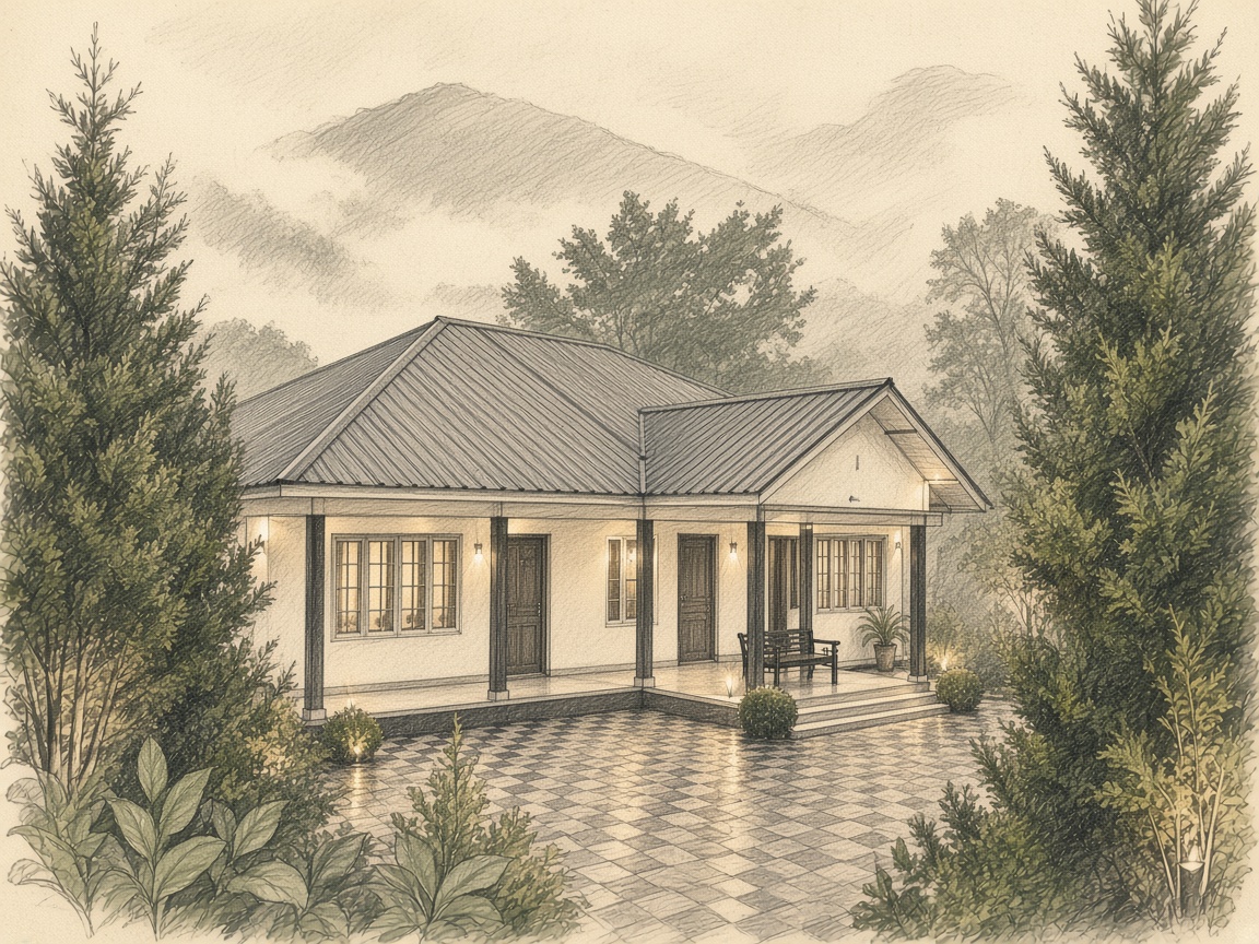 Pencil sketch of a hillside home among misty Vagamon trees