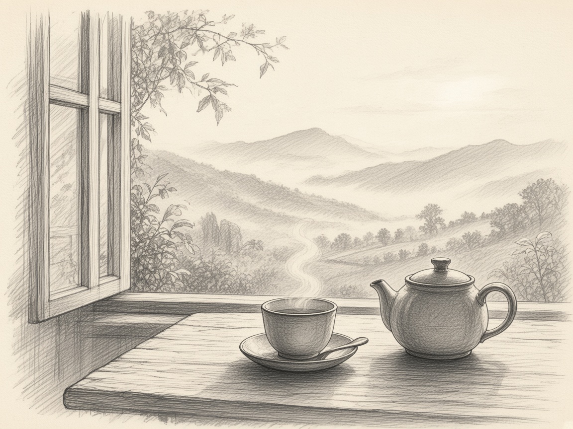 Pencil sketch of a quiet morning tea with hills beyond the window